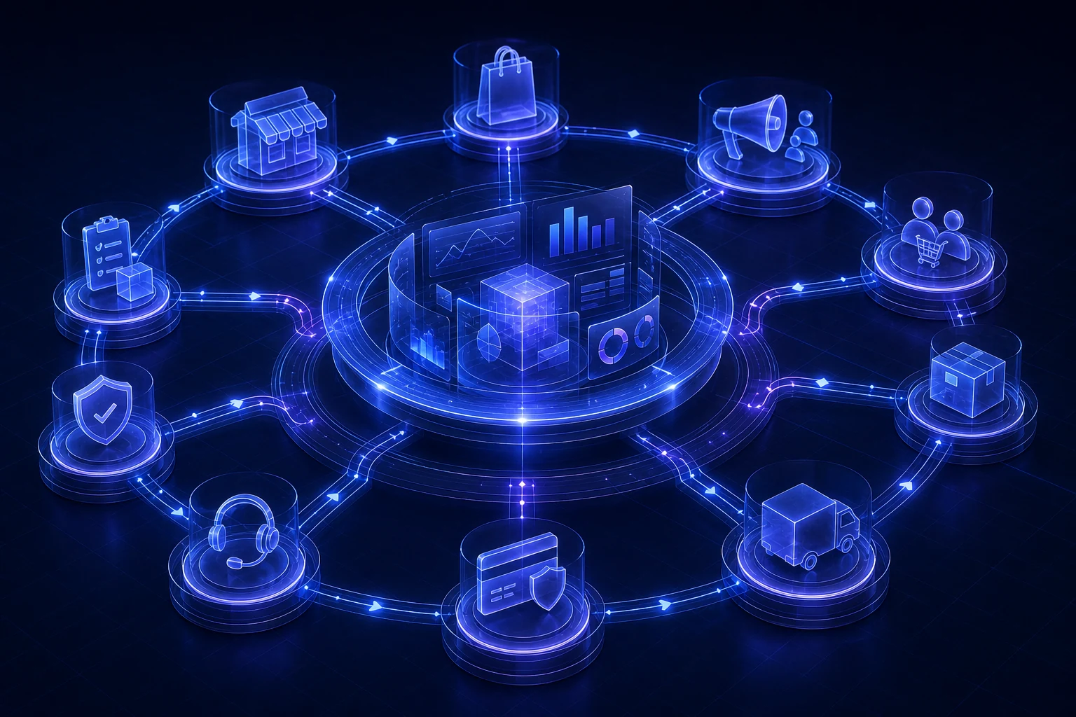 Commerce channels and operational modules connected to one unified system